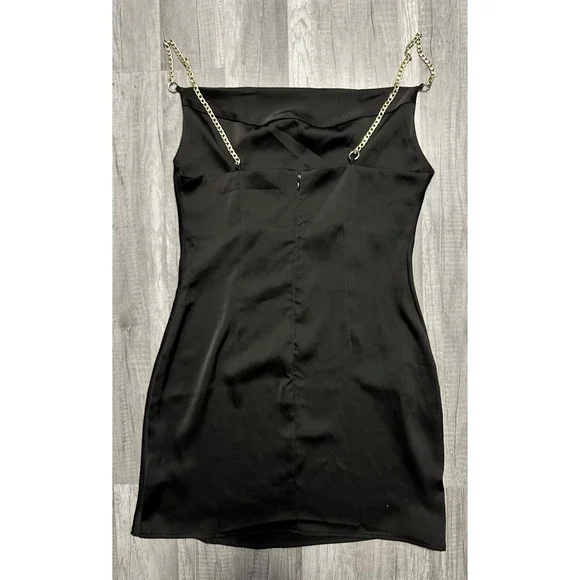 Urban‎ Outfitters Cowl Slip Dress Black Mini Dress Gold Chain Straps Zip Medium - Picture 8 of 12